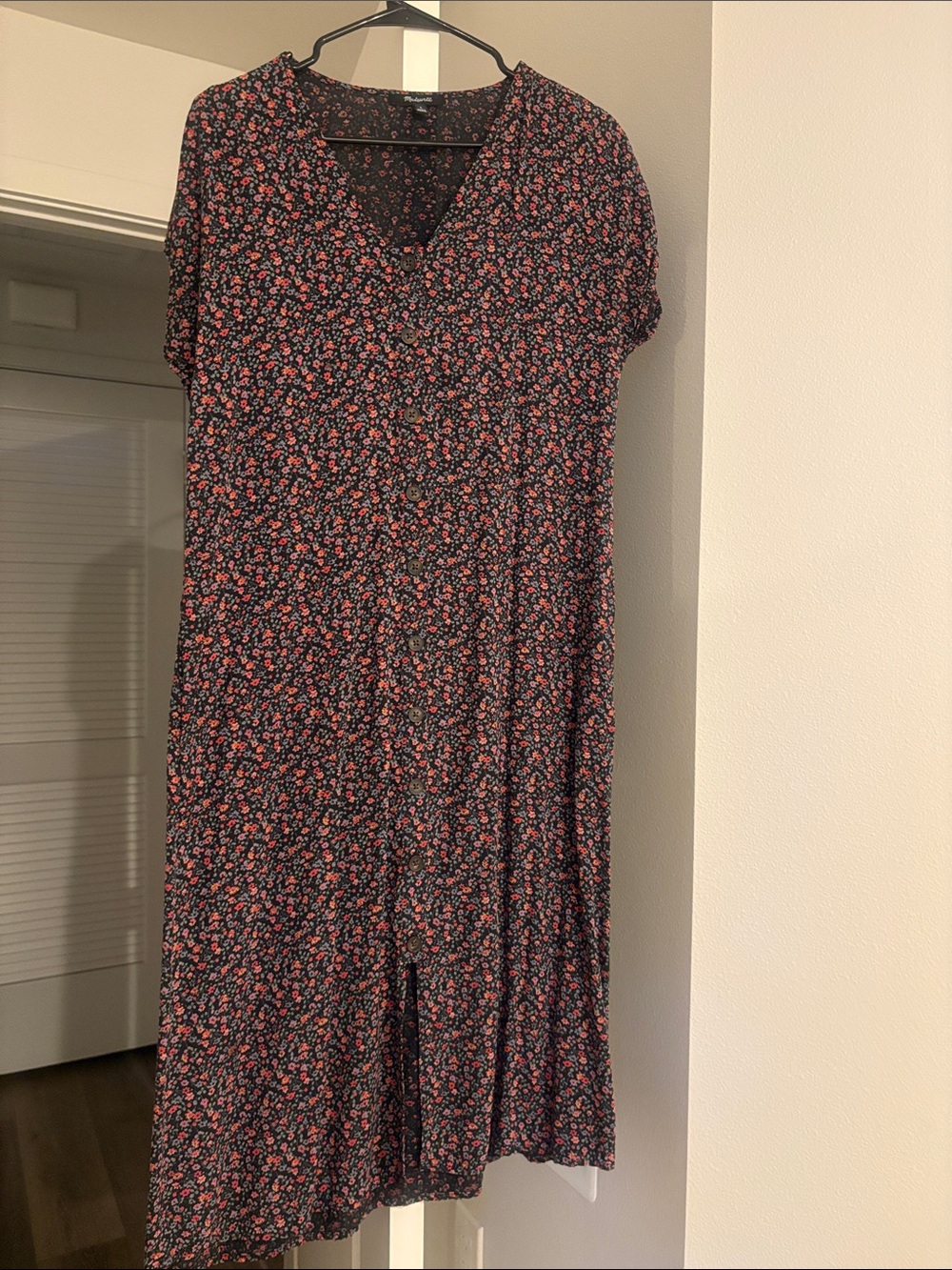 Madewell Black Midi Dress with Pink Floral Print